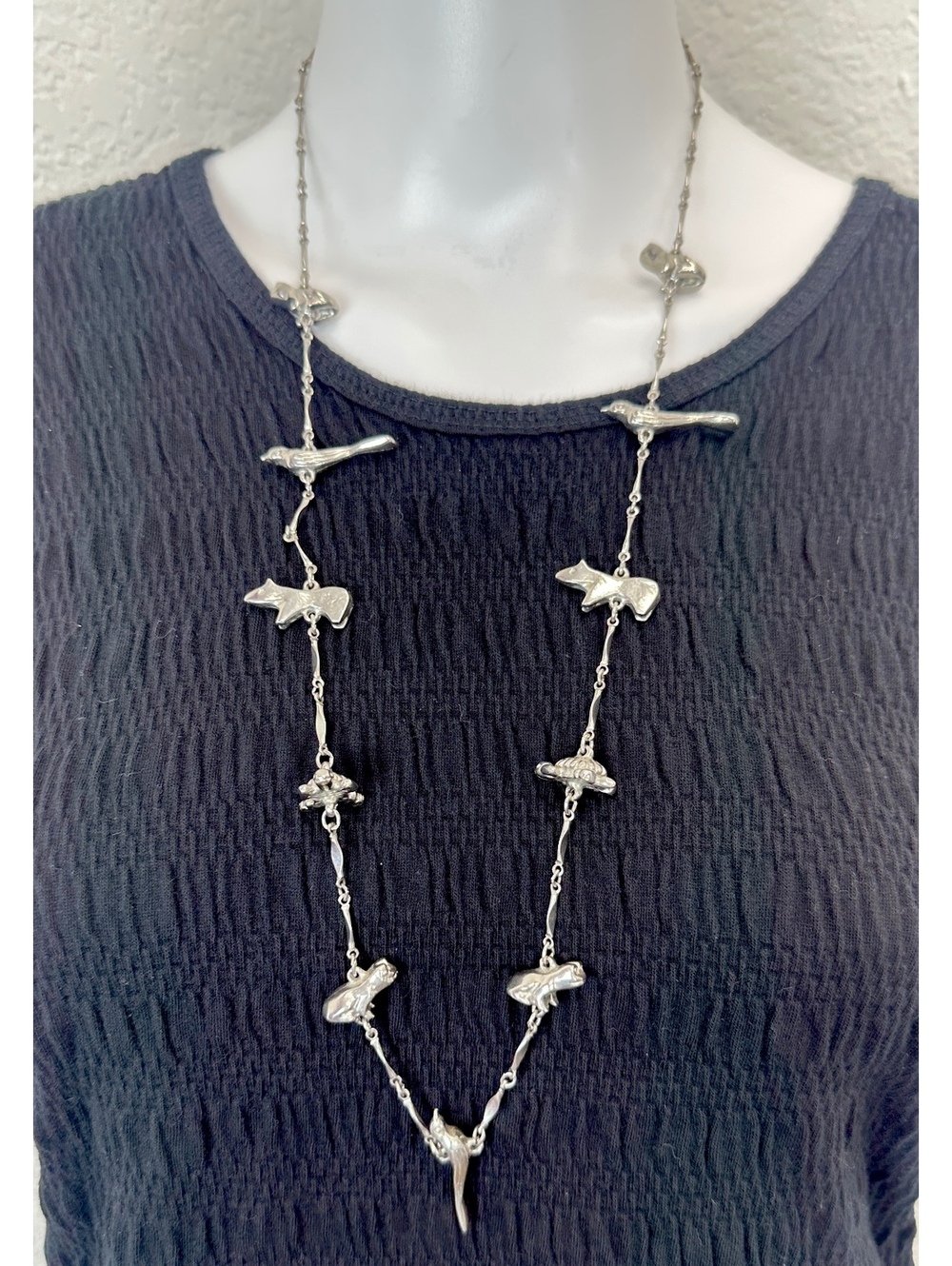 Silver Tone Navajo Fetish Necklace Bird Turtle Frog Bear Spirit Animal